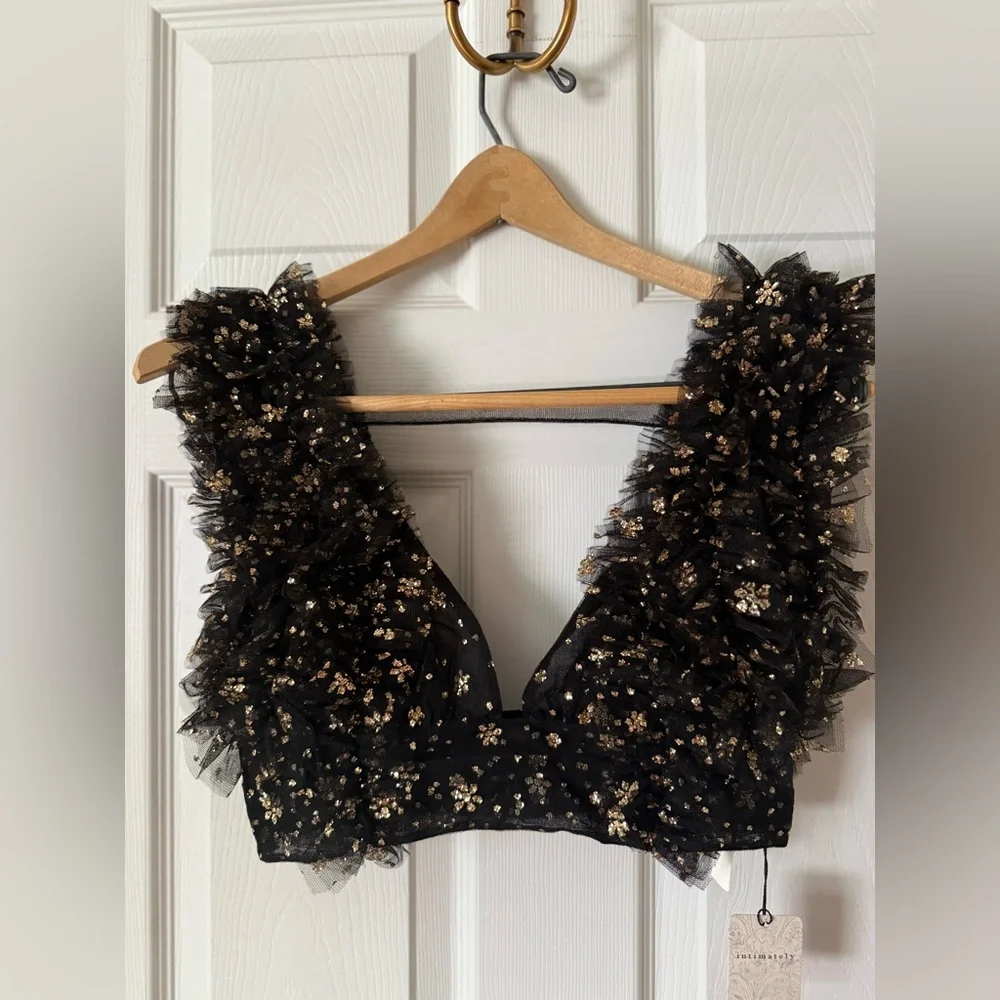Free People Sosha Party Top black Smocked Sparkling Embellishments M NEW - Picture 3 of 13